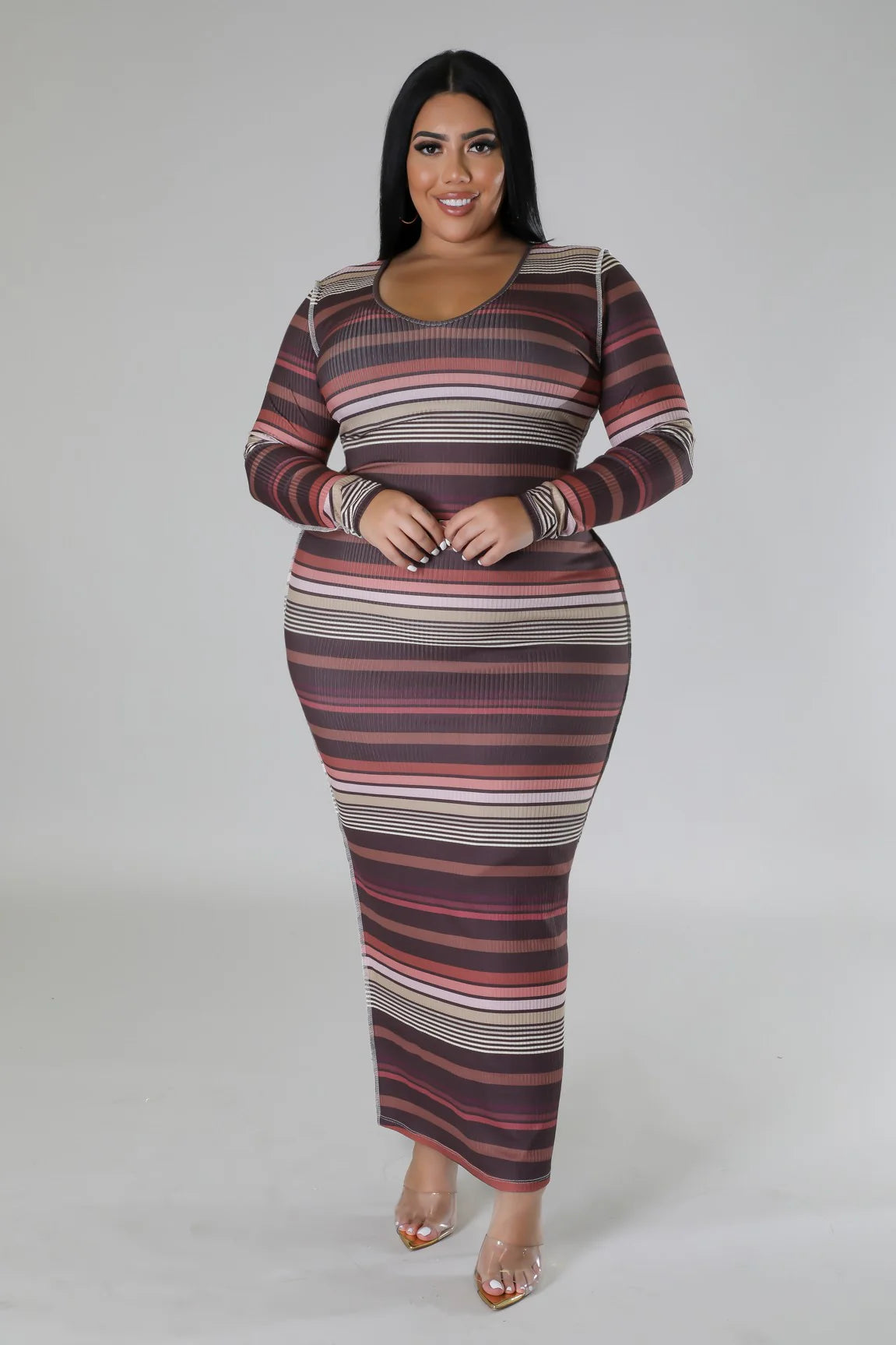 Soft stretch striped long sleeve maxi dress