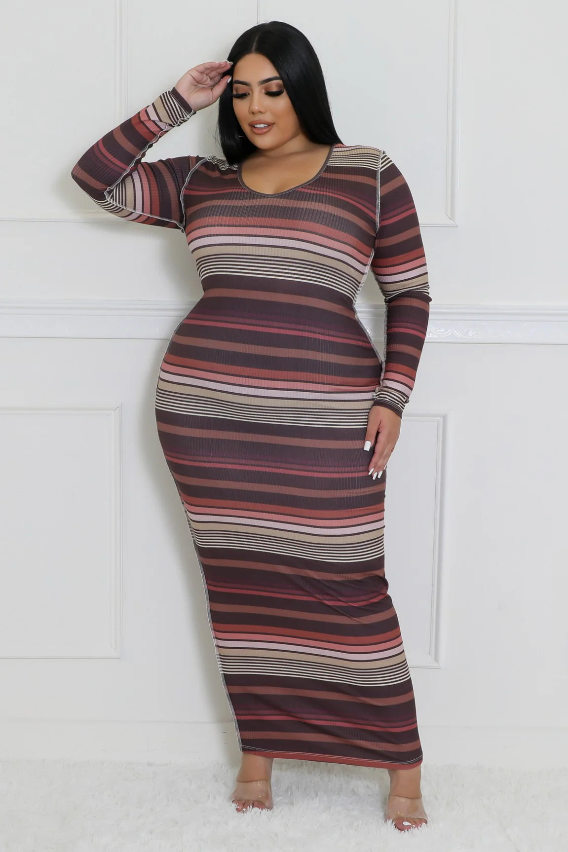Soft stretch striped long sleeve maxi dress
