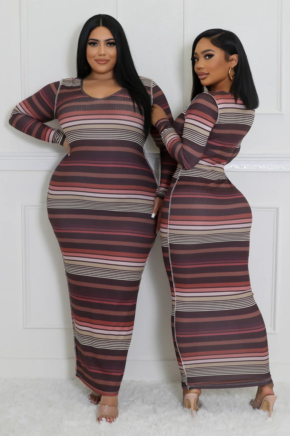 Soft stretch striped long sleeve maxi dress